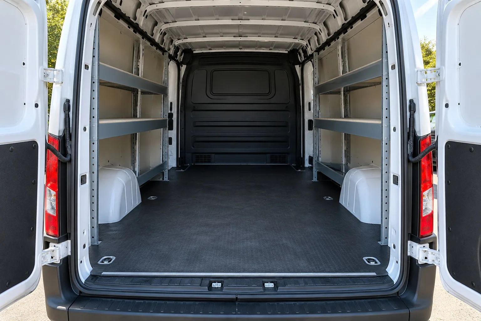 Offener Laderaum eines Transporters mit Regalen und Befestigungspunkten